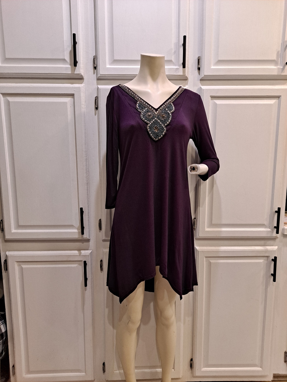White Mark Luna Plum V-Neck Beaded Tunic Asymmetrical Hi-low Flowy  Dress